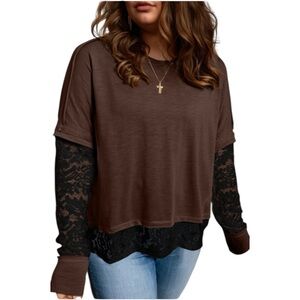1007. Brown Lace Sleeve Women's Top